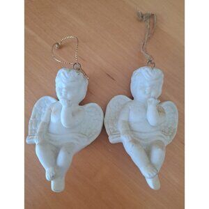 2 Vintage Bisque Sitting Angel Angels Christmas Holiday Ornaments‎
